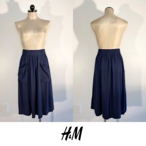 H&M | Navy Blue Pique A-line Midi Skirt